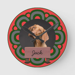 Relógio Redondo Foto personalizada de cachorro de Natal verde