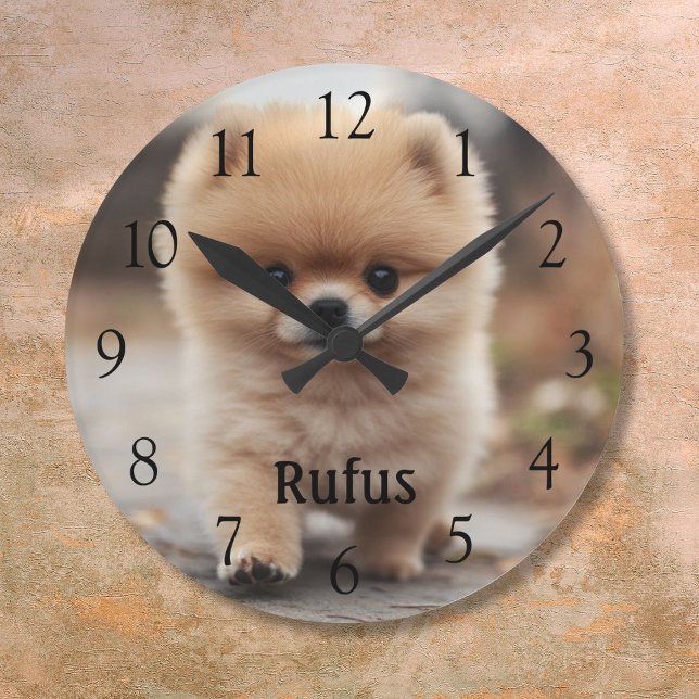 Relógio Redondo Foto personalizada do nome de poeta Grandes Número (Personalized Pet Name Photo Large Black Numbers Round Clock)