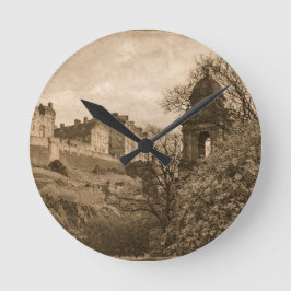 Relógio Redondo Fotografia Sepia do Castelo de Edimburgo