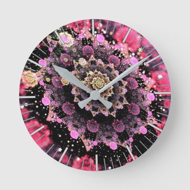 Relógio Redondo Fractal Cósmico Rosa (Frente)