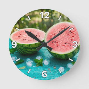 Relógio Redondo Fresh Watermelon Halves Ice Mint Kitchen Decor