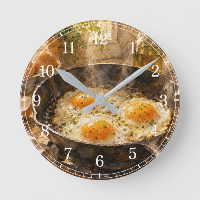 Relógio Redondo Fried Eggs in a Pan Wall Clock — Fun Kitchen Desig (Frente)