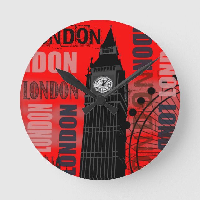 Relógio Redondo Fundo vermelho da colagem de Big Ben Londres (Frente)