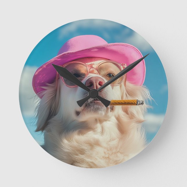 Relógio Redondo Funny Dog Wall Clock with Hat and Cigar - Quirky a (Frente)