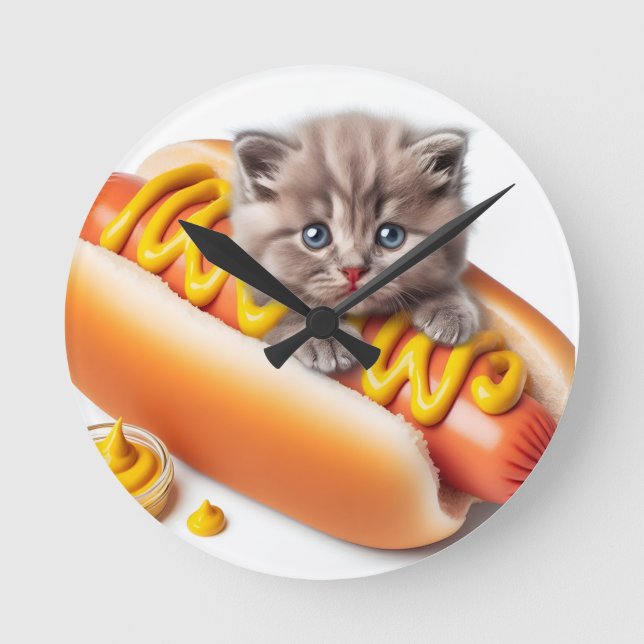 Relógio Redondo Funny Hot Dog Cat Wall Clock – Cute and Whimsical  (Frente)