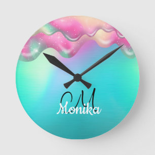 Relógio Redondo Galáxia Gelada de Arco-Íris Rosa Turquesa Bonita