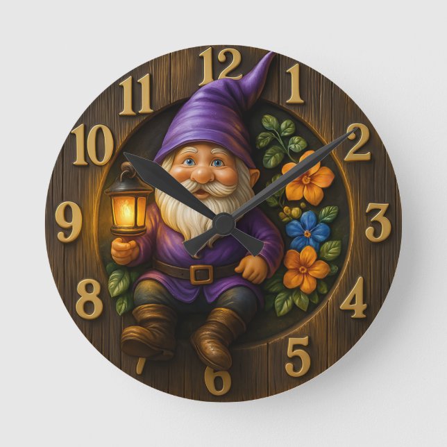 Relógio Redondo Garden Gnome with Lantern Wall Clock (Frente)