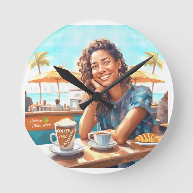 Relógio Redondo Garota com café (Frente)