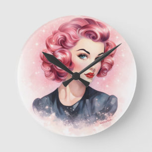 Relógio Redondo Garota Glamourosa Pin-Up Rosa Retrô