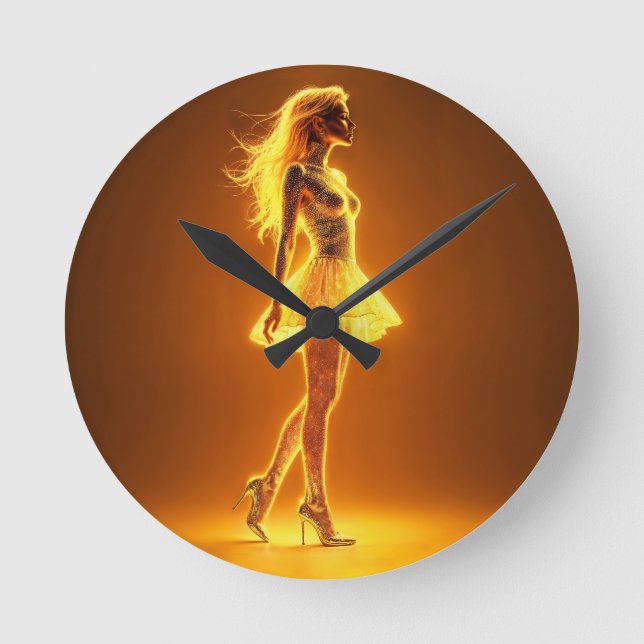 Relógio Redondo Garota neon ouro em elegância brilhante (Frente)