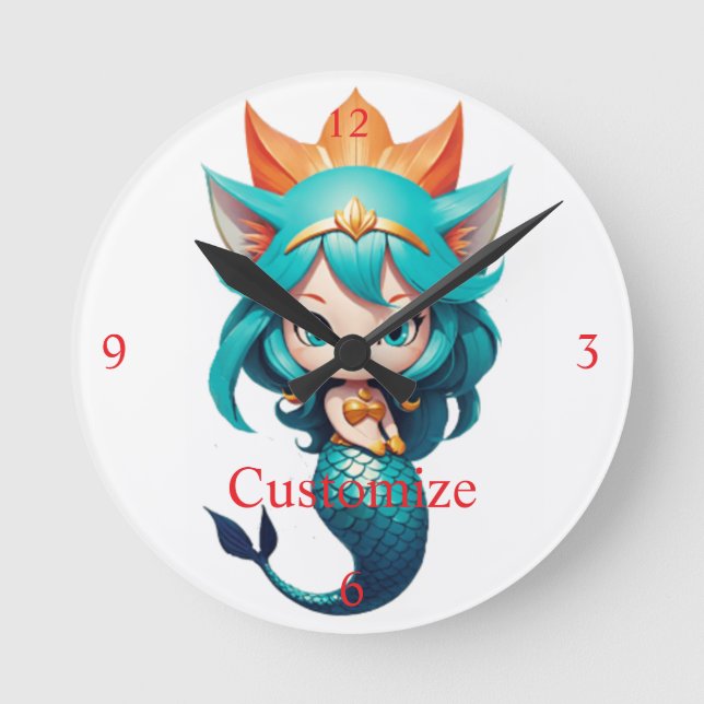 Relógio Redondo Gatinha Fofa Sereia Thunder_Cove (Frente)