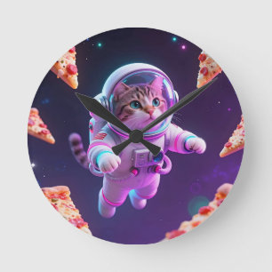 Relógio Redondo Gatinho Astronauta Fofo Flutuando Pizza Aventura E