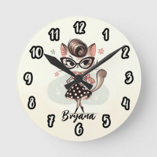 Relógio Redondo Gatinho Feminino Vintage com Óculos de Gato