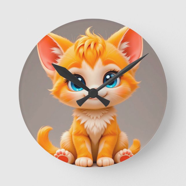 Relógio Redondo Gatinho Laranja Desenho Fofo (Frente)