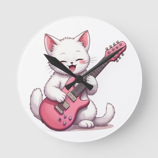 Relógio Redondo Gatinho Tocando Guitarra (Frente)