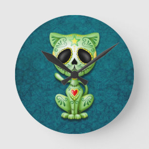 Relógio Redondo Gatinho verde do açúcar do zombi