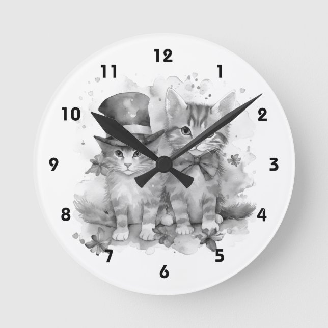 Relógio Redondo Gatinhos pretos e brancos com arco e chapéu fofo (Frente)