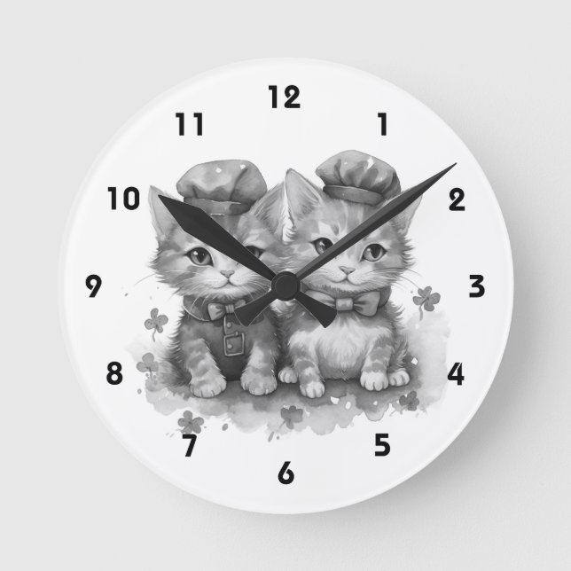 Relógio Redondo Gatinhos pretos e brancos com arco e chapéus bonit (Frente)