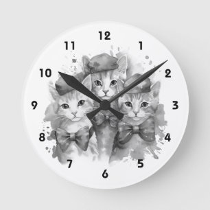 Relógio Redondo Gatinhos pretos e brancos com arcos e chapéus