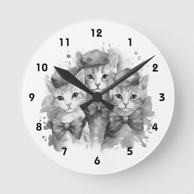 Relógio Redondo Gatinhos pretos e brancos com arcos e chapéus (Frente)