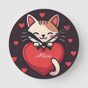 Relógio Redondo Gato Branco Fofo com Coração Desenho de Kawaii Kit