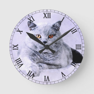 Relógio Redondo Gato Britânico de Aquarela