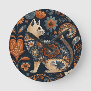 Relógio Redondo Gato de Arte Popular com Flores Laranja e Cinza Az