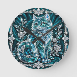 Relógio Redondo Gato de Cristal Turquesa Luxuoso Moldura de Prat