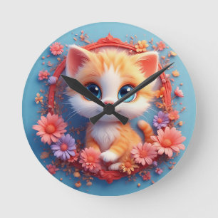 Relógio Redondo Gato de Desenho Animado Adorável Rodeado por Flor 