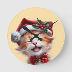 Relógio Redondo Gato de Natal bonito com Chapéu Santa e Arco