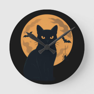 Relógio Redondo Gato Gótico do Dia das Bruxas de Gótamo Preto Spoo
