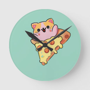 Relógio Redondo Gato Kawaii Abraçando Pizza de Pepperoni Cartoon