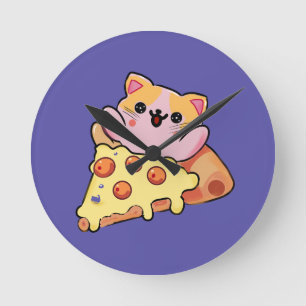 Relógio Redondo Gato Kawaii Personalizado Abraçando Pizza de Peppe