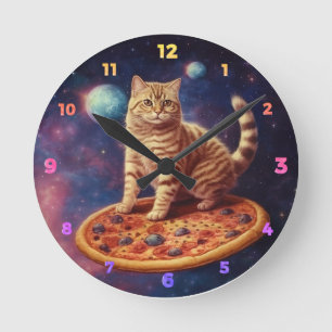 Relógio Redondo Gato Montado em Pizza Galáxia