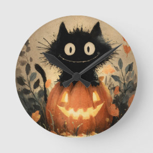 Relógio Redondo Gato Negra Bonito do Halloween em um Jack-o-Lanter