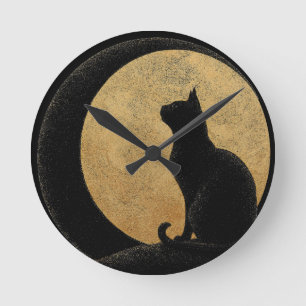 Relógio Redondo Gato Negro Silhout Contra Lua Ouro