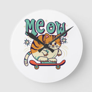 Relógio Redondo Gato Patinando Meow