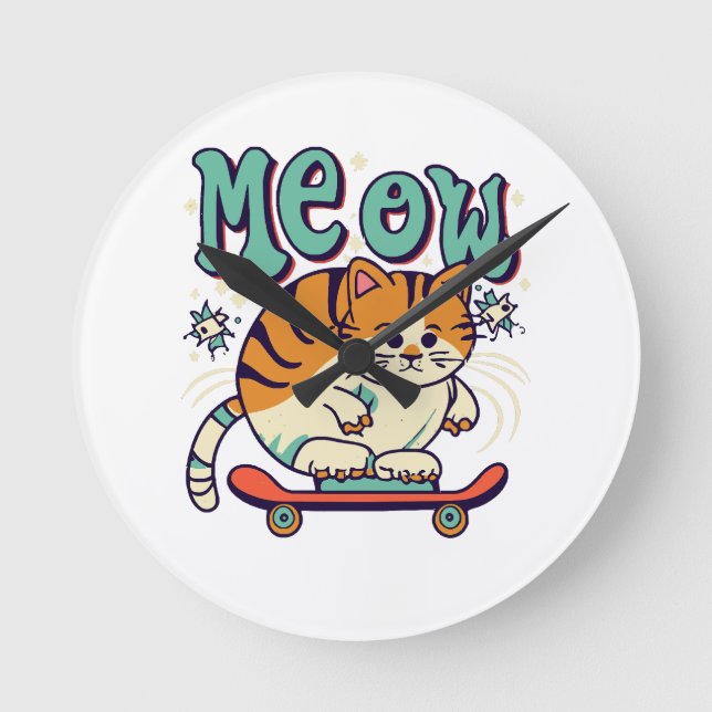Relógio Redondo Gato Patinando Meow (Frente)