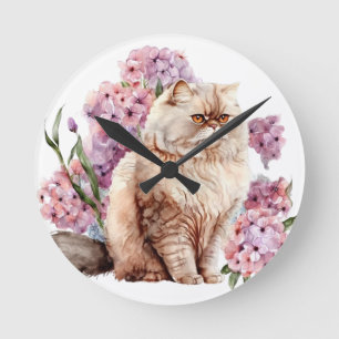 RELÓGIO REDONDO GATO PERSO DE ÁGUA COM FLORES DE TINTA