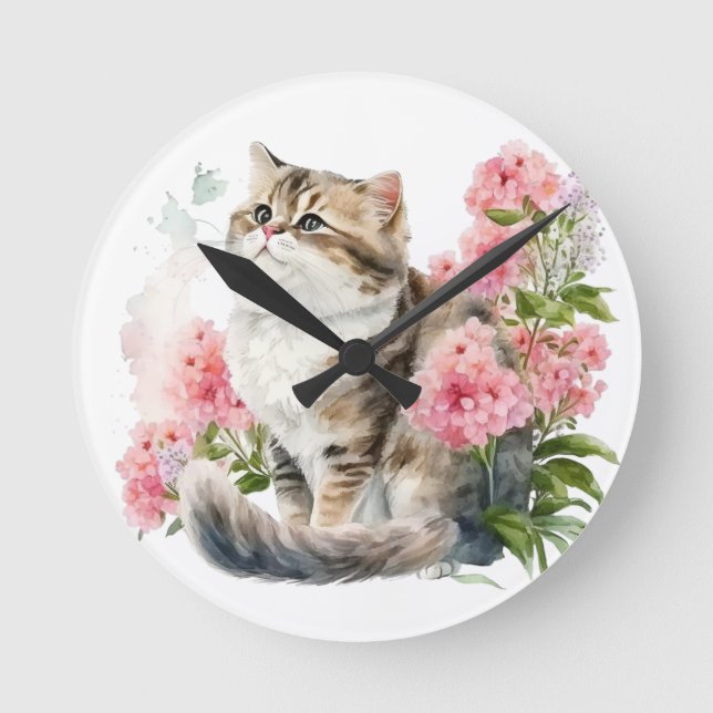 RELÓGIO REDONDO GATO PERSO DE ÁGUA COM FLORES DE TINTA (Frente)