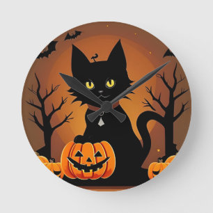Relógio Redondo Gato Preto de Halloween Cercado por Jack-o'-Lanter