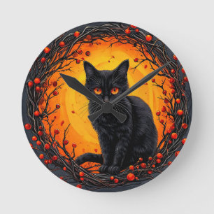 Relógio Redondo Gato Preto de Halloween com Olhos Brilhantes