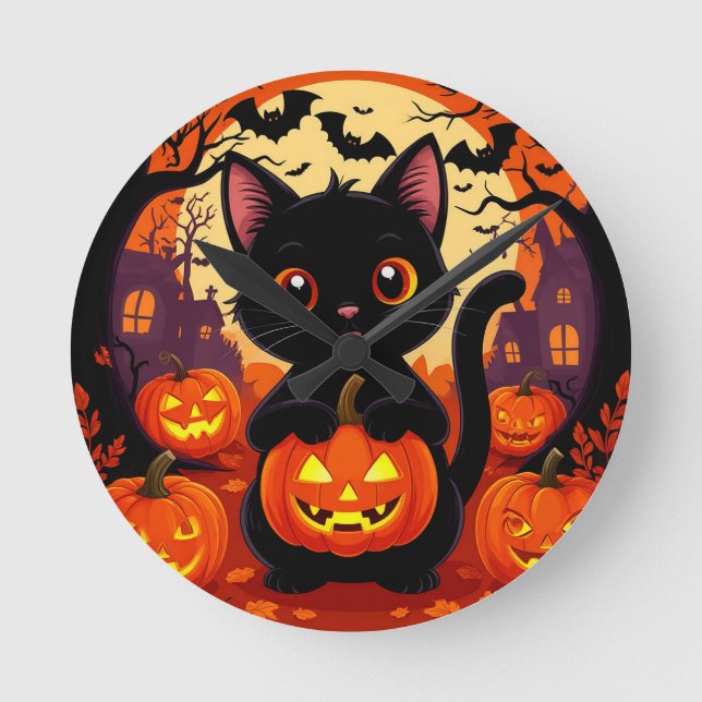 Relógio Redondo Gato Preto Fofo com Abóboras de Halloween (Frente)