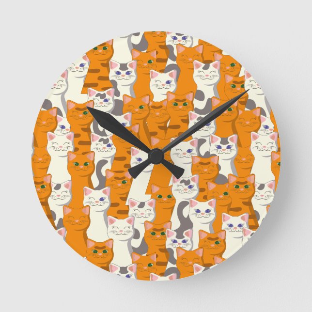 Relógio Redondo Gatos brancos e gengibres padrão olhos verdes olho (Frente)