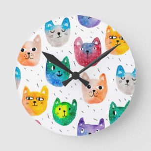 Relógio Redondo Gatos com aquarelas e amigos