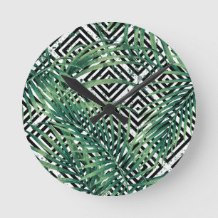 Relógio Redondo Geometria tropical a preto e branco