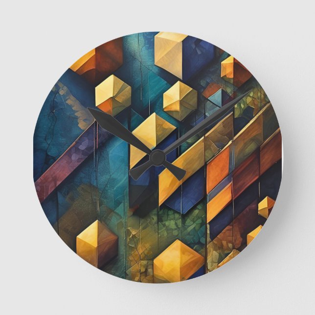 Relógio Redondo Geometric Harmony: Abstract Cubes in Gold and Teal (Frente)