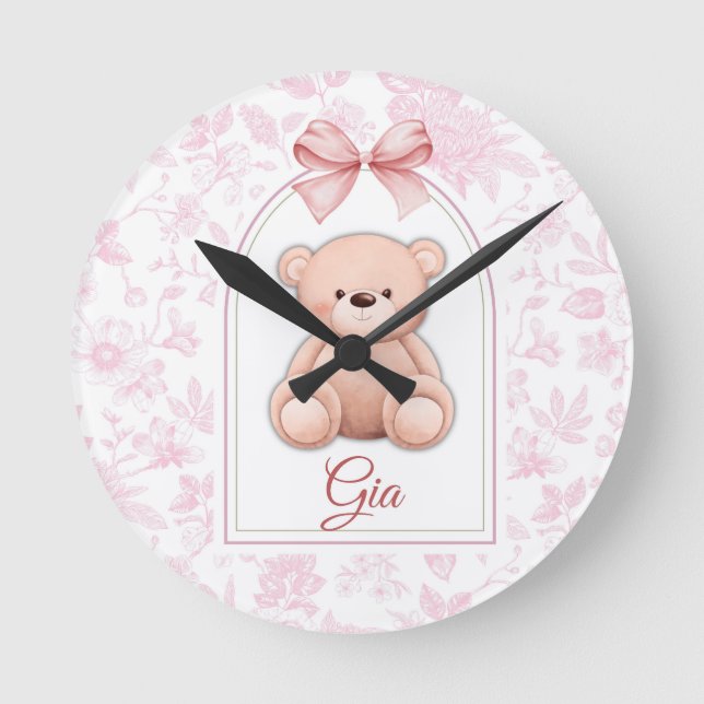 Relógio Redondo Gia | Design de Enfermeiro de Urso Rosa Personaliz (Frente)