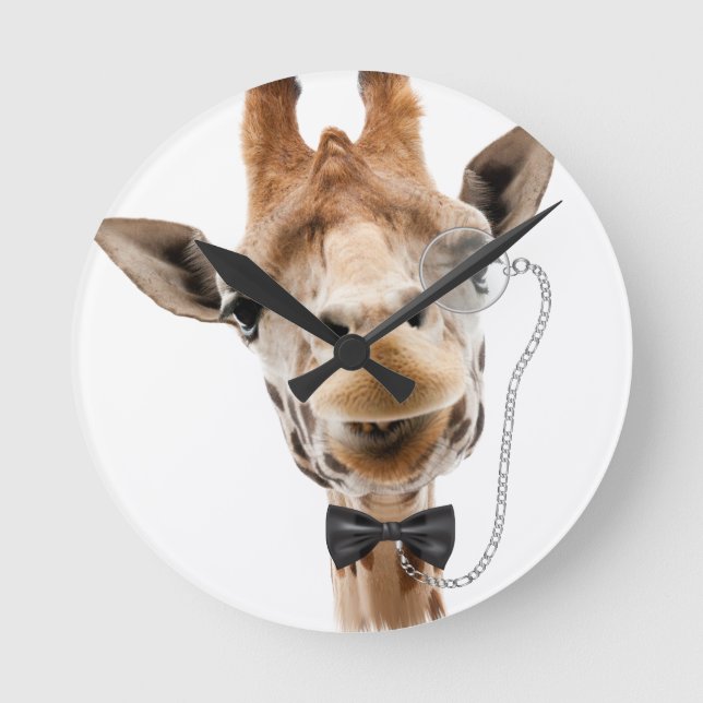 Relógio Redondo Girafa engraçada com Bowtie e Monocle (Frente)
