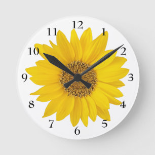 Relógio Redondo Girassol Amarelo Brilhante no Floral Branco